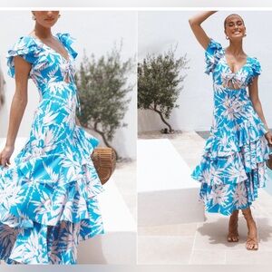 NWOT Fore Blue and Cream Keyhole Tie Tiered Asymmetrical Maxi Dress Size Small